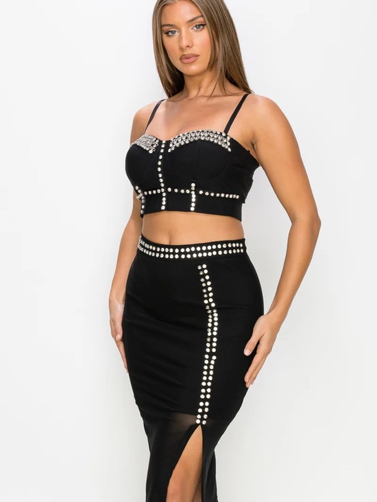 no brand Dresses & Skirts - Black Crystal-Embellished Crop Top & High-Slit Skirt Set